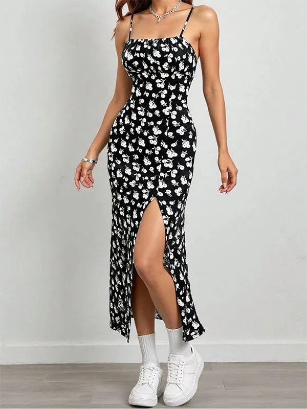 Women's Spaghetti Strap Floral Print Midi Dress, Bodycon Slit Hem Casual Summer Dress