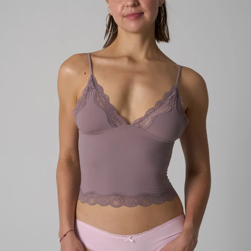 SK1268 Deep V Lace Trim Sleeveless  Cami Top with Nylon Spandex Fabric Mid Stretch Slim Fit Daily Layering Tank