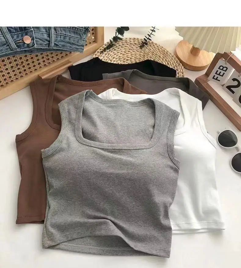 Summer New With Bra Pads square Neck Wide Shoulder Wholesale Women One-piece With Cups Outside Sexy Inside Hot tank Tops