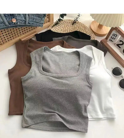 Summer New With Bra Pads square Neck Wide Shoulder Wholesale Women One-piece With Cups Outside Sexy Inside Hot tank Tops