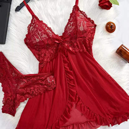 Transparent Red Sexy Lingerie Women's Underwear See Through Sleepwear Lace Nightdress and Panty Pijamas Sets Female Sexy Nighty