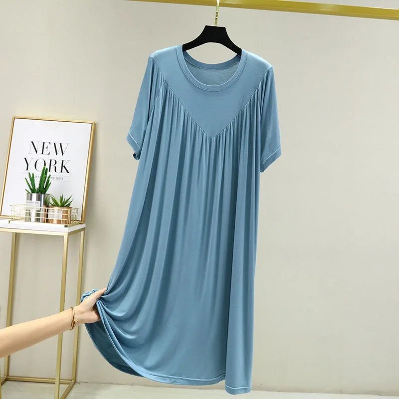 Summer New Women'S Loose Versatile Short-Sleeved Round Neck Nightgown Solid Color Dresses