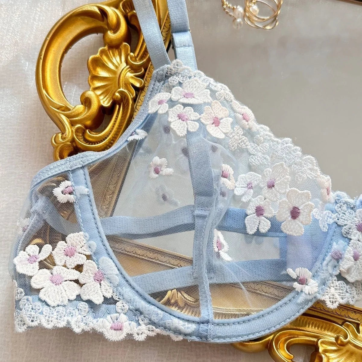 Hot Autumn New French sweet printed embroidered mesh fabric see-through comfortable gathering romantic