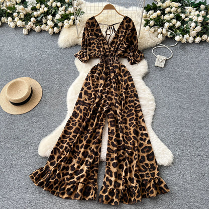 Summer Casual V-Neck Tunic Jumpsuit For Women Flare Sleeve High Waist Leopard Printed Lace Long Jumpsuit Wholesale