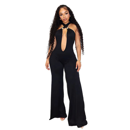 IHOOV Women's Casual IHOOV Deep V Metal-Accent Transformed Wide Leg Pants Jumpsuits for Spring