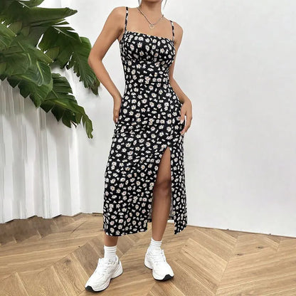 Women's Spaghetti Strap Floral Print Midi Dress, Bodycon Slit Hem Casual Summer Dress