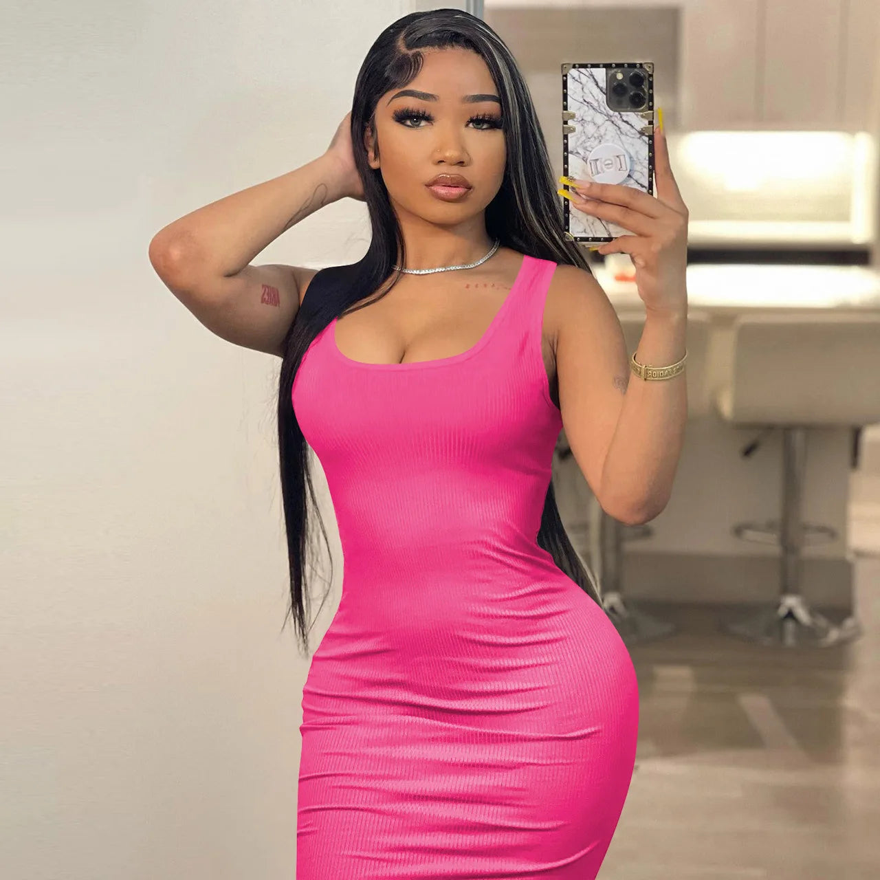 2024 Women's Elegant Summer Bodycon Maxi Dress Square Collar Sleeveless Casual Party Natural Waist Digital Printing Breathable