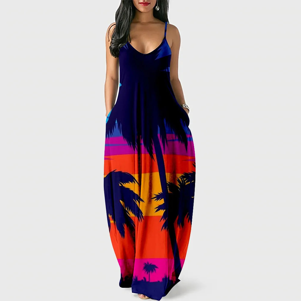 New Arrival Women Summer Clothing Earth Prints Long Maxi Dress Luxury Beachwear Clothes Plus Size 4XL Women's Cami Sun Dresses