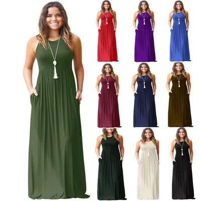 Female Solid Long Boho Dress Lady Beach Summer Sundrss Maxi Dress Women's Sleeveless Solid Color Pocket Dress Vestido De Verano