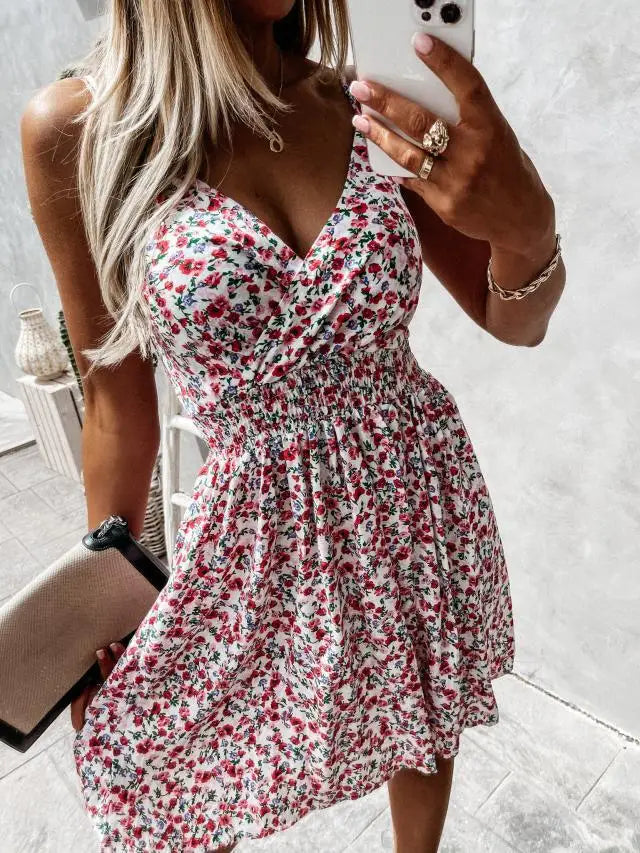 Sexy V Neck Elasticity Waist Floral Ruched a Line Dress Casual Women Summer Bohemian Party Dresses Ladies Clothing