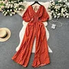 Casual V Neck Slim Jumpsuit for Women Puff Sleeve High Waist Printed Lace Long Jumpsuit Wholesale