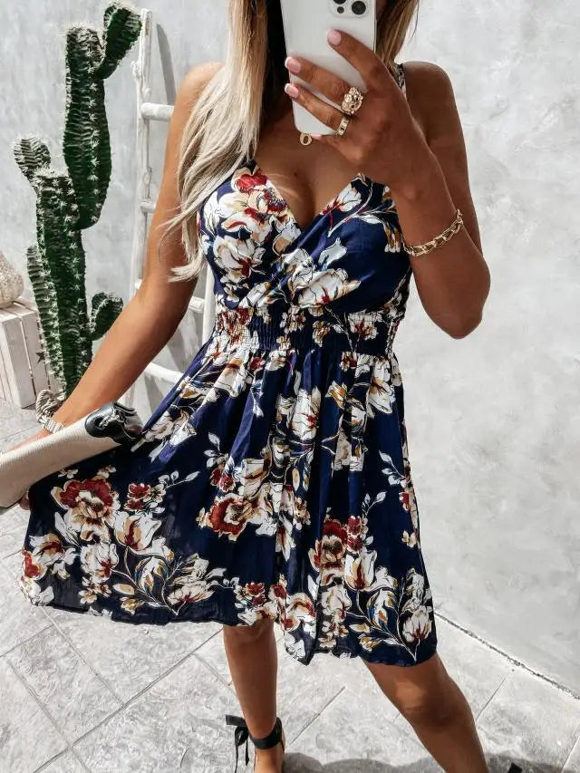 Sexy V Neck Elasticity Waist Floral Ruched a Line Dress Casual Women Summer Bohemian Party Dresses Ladies Clothing