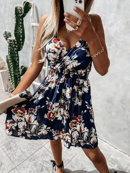 Sexy V Neck Elasticity Waist Floral Ruched a Line Dress Casual Women Summer Bohemian Party Dresses Ladies Clothing