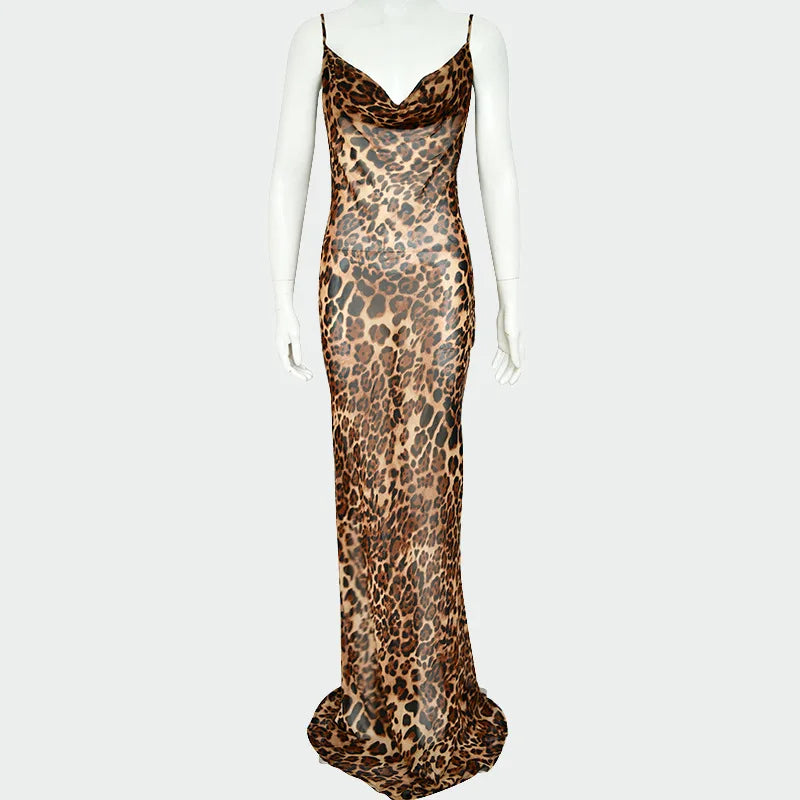 Hot Selling Women's Party Floor Length Sleeveless Leopard Print Sling Party Long Sexy Dress