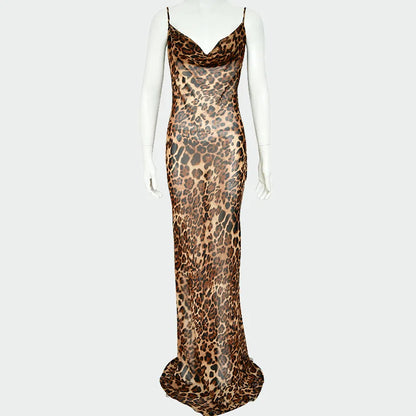 Hot Selling Women's Party Floor Length Sleeveless Leopard Print Sling Party Long Sexy Dress