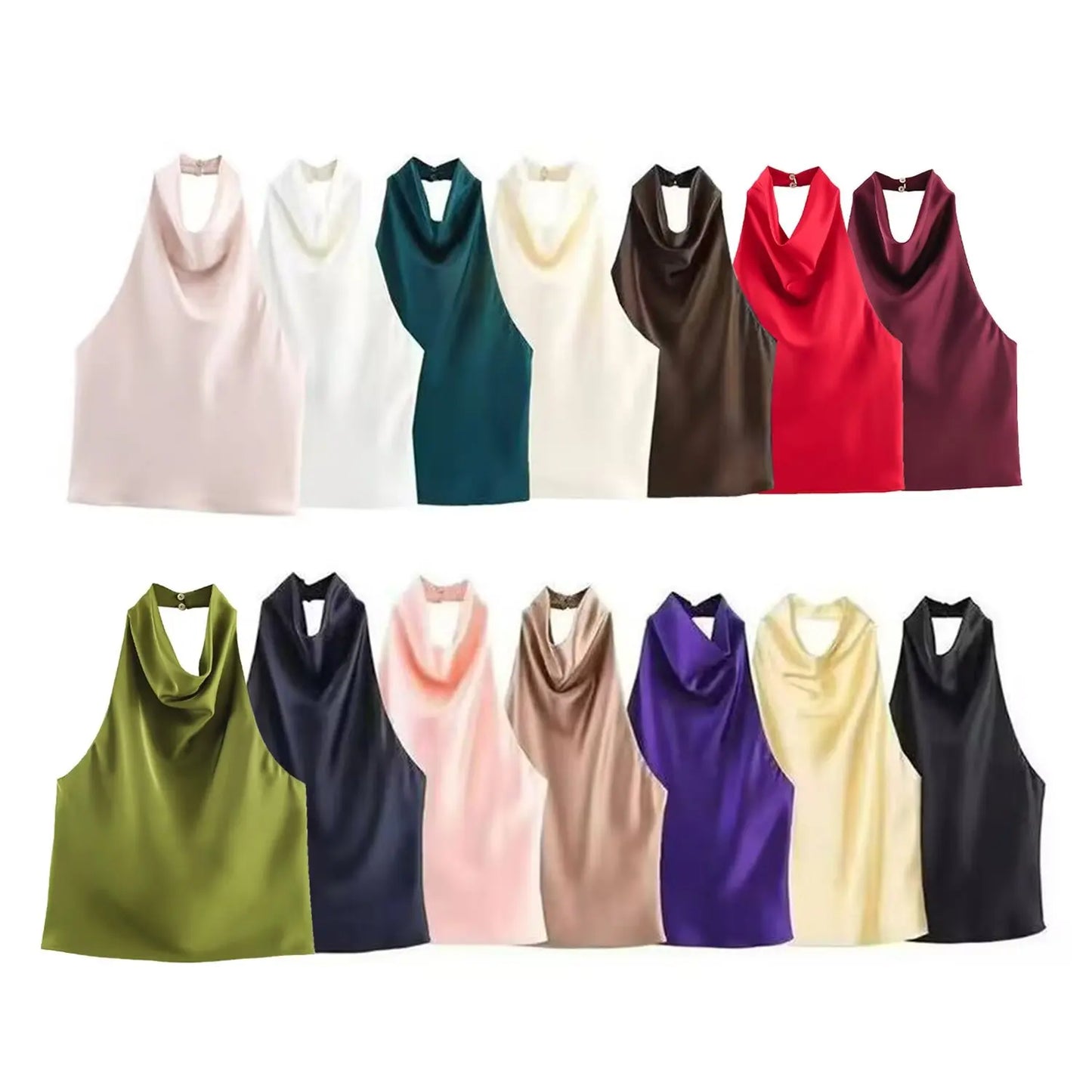 PB&ZA Women 2025 New Fashion Silk Satin Textured Neckband Tank Tops Vintage Backless Female Camis Chic Tops