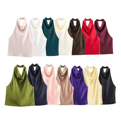 PB&ZA Women 2025 New Fashion Silk Satin Textured Neckband Tank Tops Vintage Backless Female Camis Chic Tops