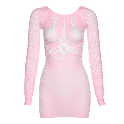 Summer Party Club Beach Wear Women's Long Sleeve Mini Dress Bodycon Sexy Body Shape Hollow Out See Through Mesh Dresses Women