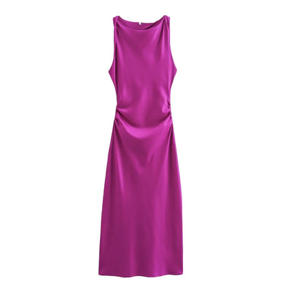 2024  Women's Purple Satin Midi Dress New Sleeveless Slim Pleated Vest Long Skirt Pattern Solid Vestidos Mujer