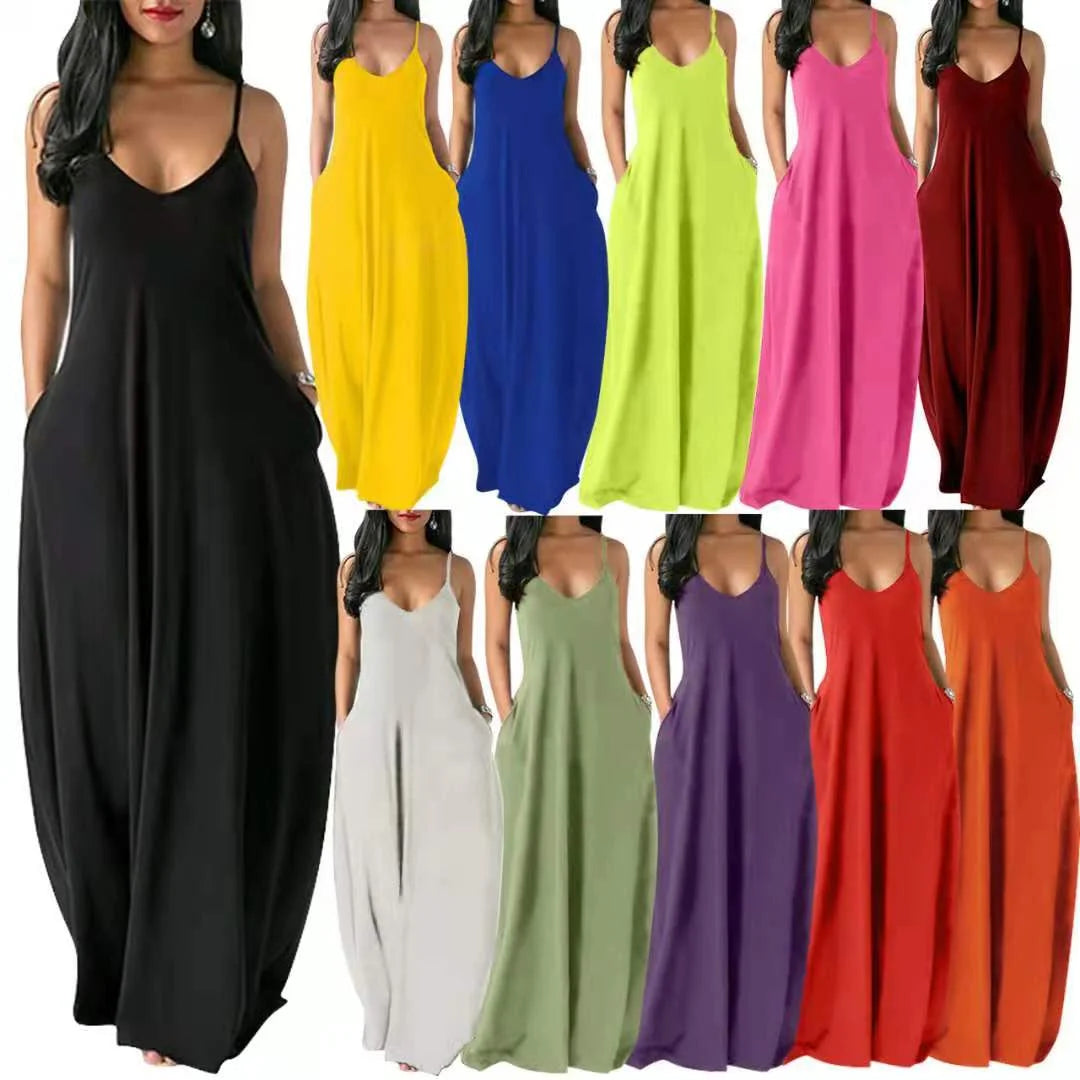 Women's Solid Color Sexy Deep V Neck Suspender Strap Loose Pockets Suspender Skirt