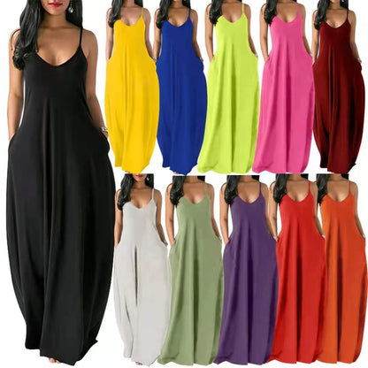 Women's Solid Color Sexy Deep V Neck Suspender Strap Loose Pockets Suspender Skirt