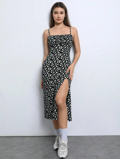 Women's Spaghetti Strap Floral Print Midi Dress, Bodycon Slit Hem Casual Summer Dress