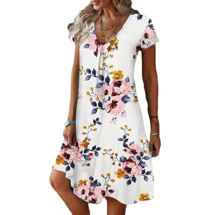 Women's Party Formal V-Neck Summer Jersey Dress Long Knee Floral Printed Full Digital Regular Fit Short Sleeved Woven Breathable