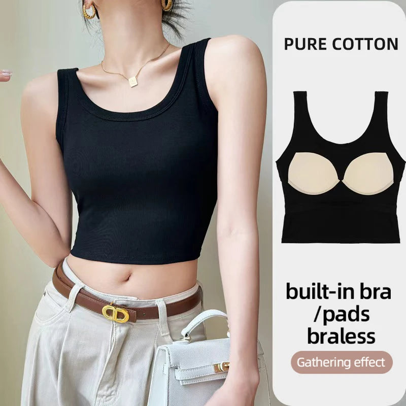 XIYU Women Fashion Slim Fit Tank Top With Built-in Padded Bra Solid Color Short Style Cami for Daily Wear