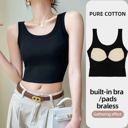 XIYU Women Fashion Slim Fit Tank Top With Built-in Padded Bra Solid Color Short Style Cami for Daily Wear