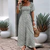 Floral Print Jumpsuit Bubble Sleeves Women's Jumpsuits Playsuits Slim Fit Tight Square Collar Shirring Wide Leg Pants Rompers