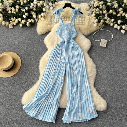 Summer Beach Style V-neck Tunic Jumpsuit for Women Sleeveless High Waist Floral Lace Long Jumpsuit Ladies Casual Overalls