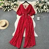 Casual V Neck Slim Jumpsuit for Women Puff Sleeve High Waist Printed Lace Long Jumpsuit Wholesale