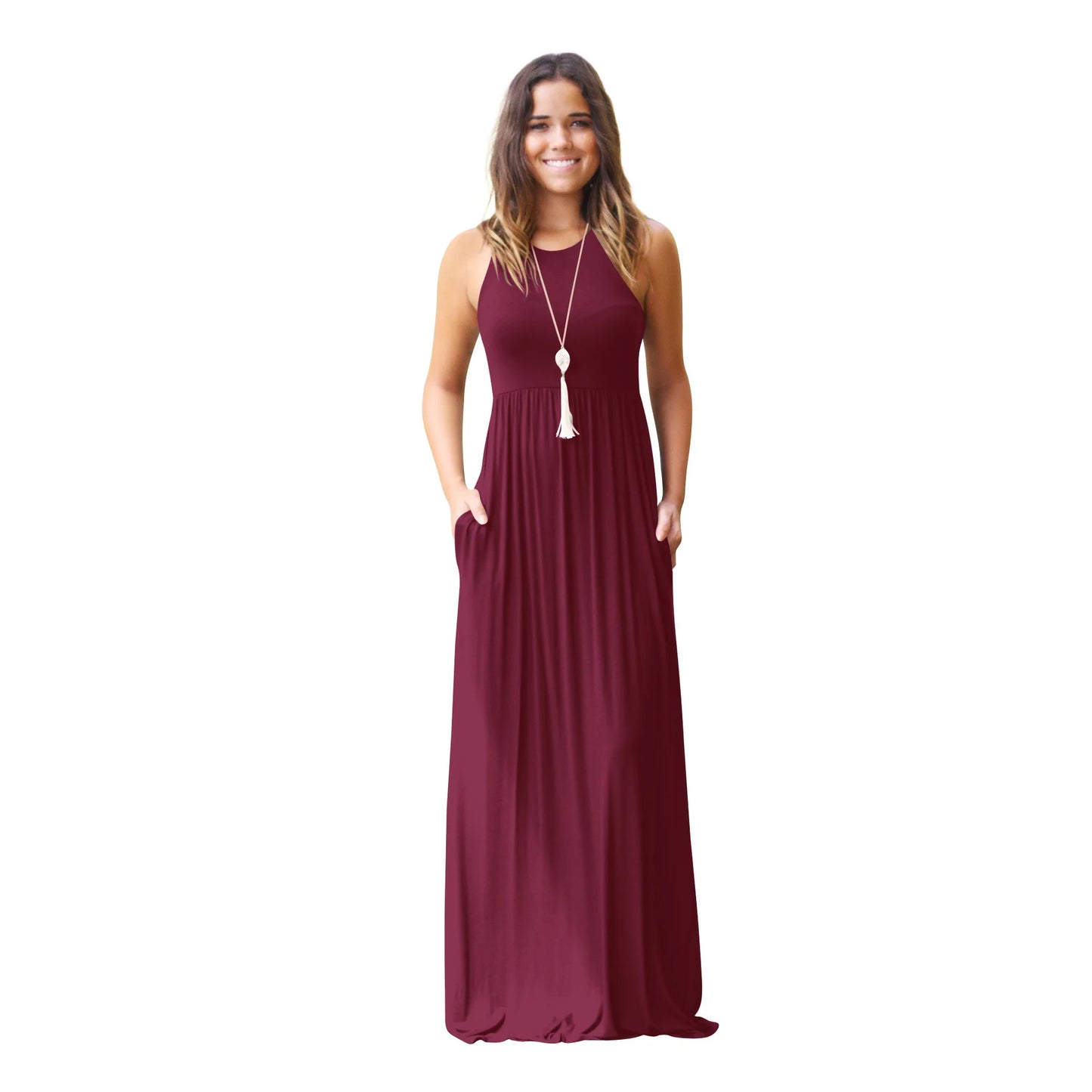 Female Solid Long Boho Dress Lady Beach Summer Sundrss Maxi Dress Women's Sleeveless Solid Color Pocket Dress Vestido De Verano