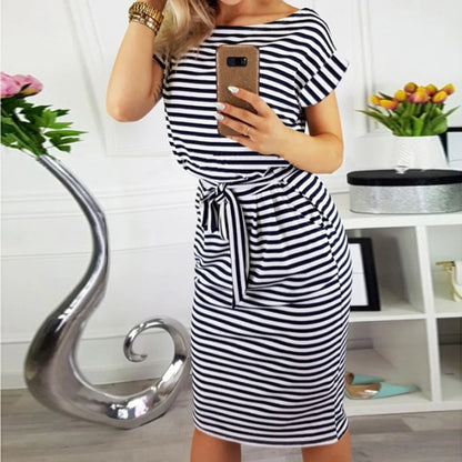Wholesale New Fashion Women Summer O-neck Short Sleeve Dresses Striped Lace up Belt Waist Slim Casual Knee Length Pencil Dress