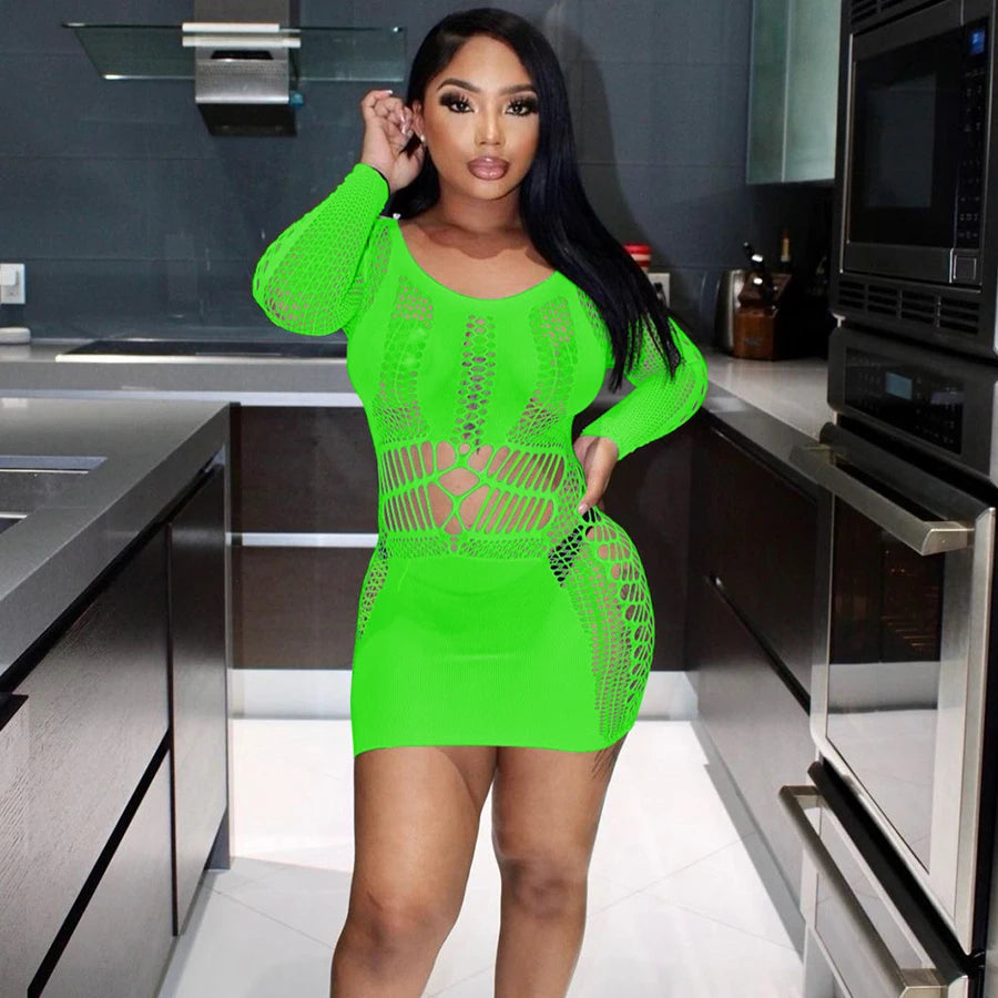 Summer Party Club Beach Wear Women's Long Sleeve Mini Dress Bodycon Sexy Body Shape Hollow Out See Through Mesh Dresses Women