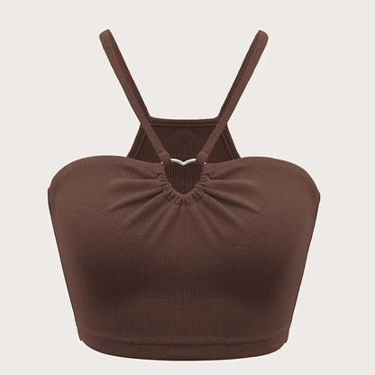 Enyami Women Fashion Hollow Out Heart Ring Slim Fit Sleeveless Sexy Straps Crop Ribbed Basic Knit Cami Tank Top