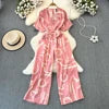 Fashion Short Sleeve V-Neck Casual High Waist Printed Wide Leg Jumpsuit