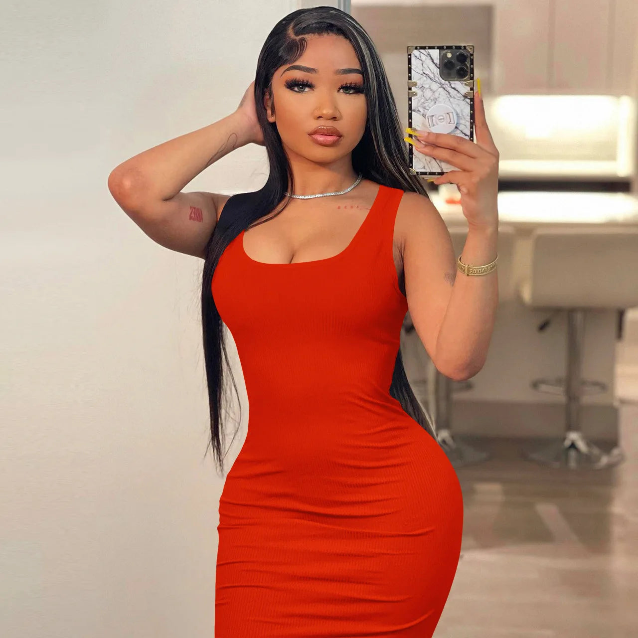 2024 Women's Elegant Summer Bodycon Maxi Dress Square Collar Sleeveless Casual Party Natural Waist Digital Printing Breathable