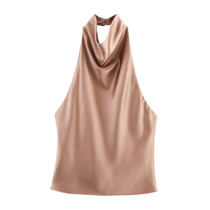 PB&ZA Women 2025 New Fashion Silk Satin Textured Neckband Tank Tops Vintage Backless Female Camis Chic Tops