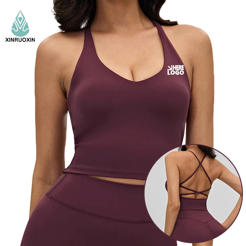 Women Cross Back Yoga Tank Top Deep V Neck Adjustable Thin Straps Removable Padded Workout Cami Top for Pilates Training
