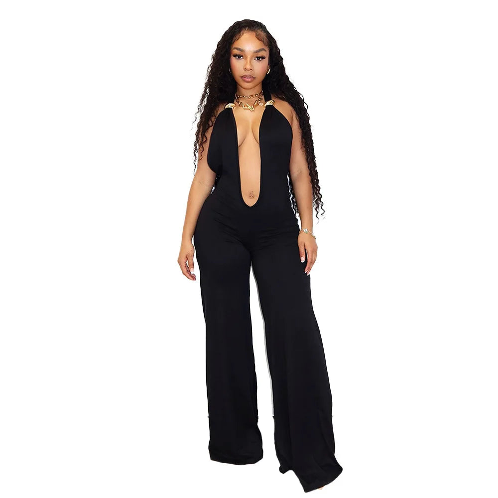 IHOOV Women's Casual IHOOV Deep V Metal-Accent Transformed Wide Leg Pants Jumpsuits for Spring