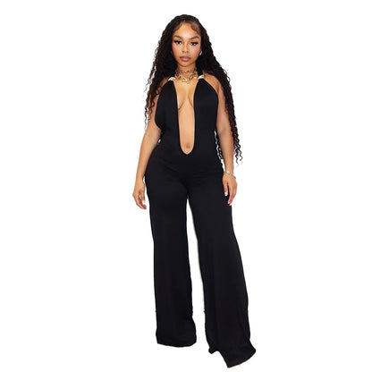 IHOOV Women's Casual IHOOV Deep V Metal-Accent Transformed Wide Leg Pants Jumpsuits for Spring