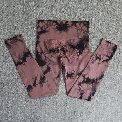 Seamless High Waist Yoga Tights Women Tie-Dye Ruched Butt Lifting Sports Leggings