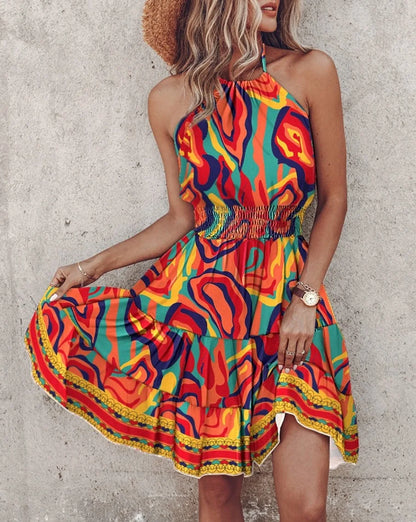 Women Clothes 2024 Spring and Summer New Fashion Sexy Off-shoulder Halter Neck Pattern Print Women's Dress