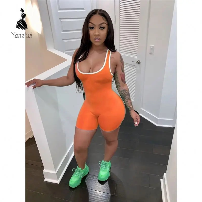 Yanzhui Casual Jumpsuit Women One Piece Letter Pattern Short Elegant Lady Regular Fit Plus Size Sexy Tank Rompers