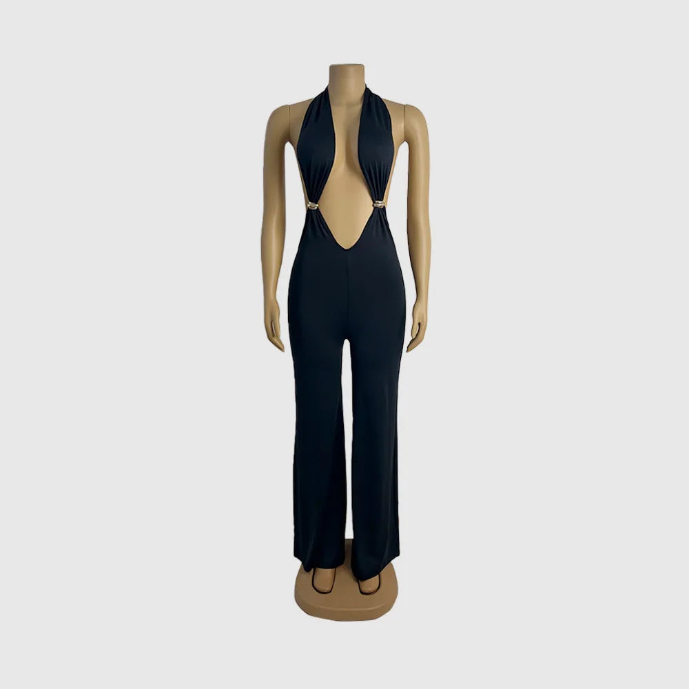 IHOOV Women's Casual IHOOV Deep V Metal-Accent Transformed Wide Leg Pants Jumpsuits for Spring
