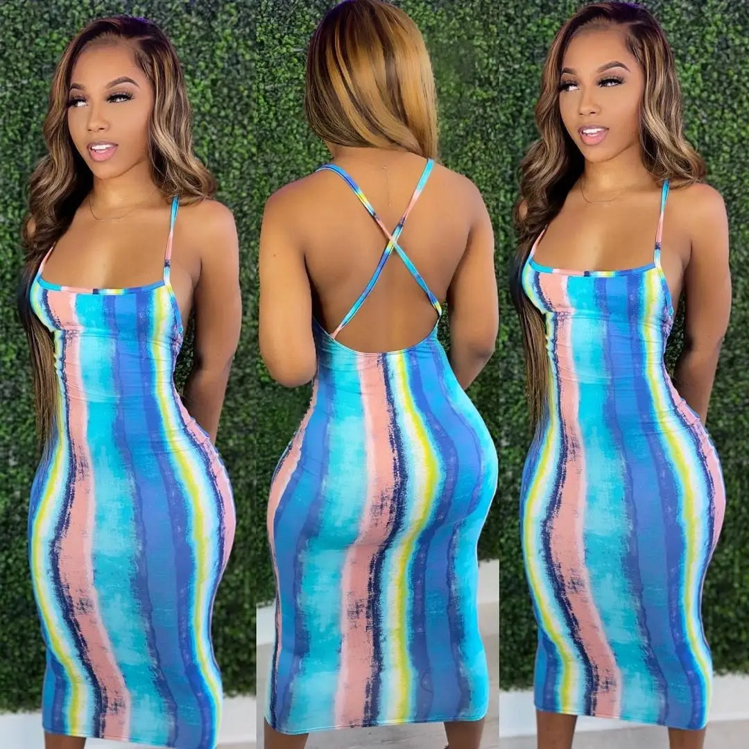 Women's Summer Bodycon Tube Dress Breathable Tie-Dye Sun Beach Color Long Sexy Casual Style