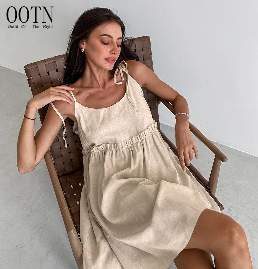 For OOTN 2024 Women's Elegant Khaki Linen Summer Dress Sexy Mini A-Line Ruched Lace-Up Ruffles Spaghetti Strap Loose Fit Solid