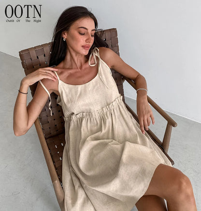 For OOTN 2024 Women's Elegant Khaki Linen Summer Dress Sexy Mini A-Line Ruched Lace-Up Ruffles Spaghetti Strap Loose Fit Solid
