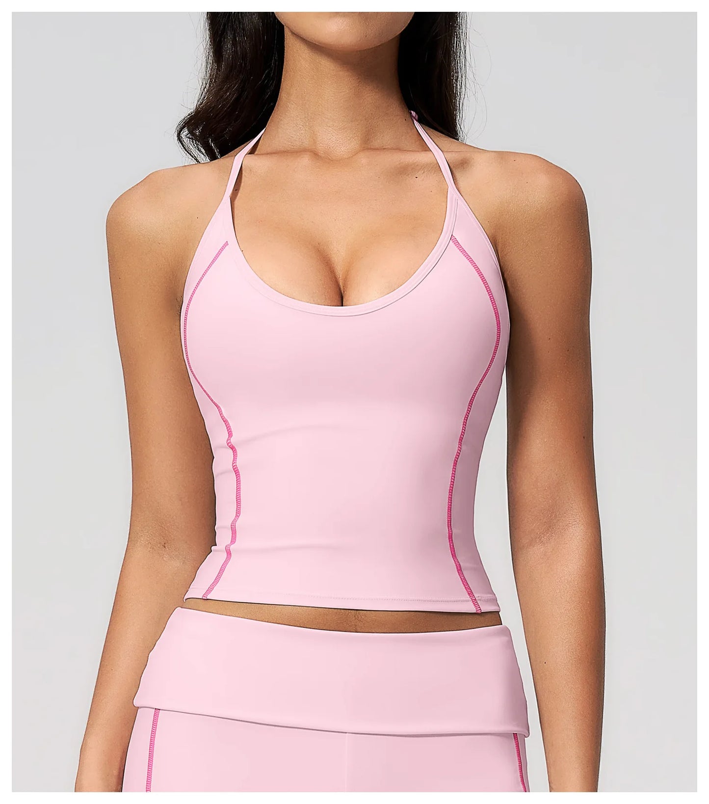 Women's Halter Neck Contrast Stitch Workout Cami Top Custom Logo U-Neck Longline Yoga Tank with Built-in Bra Sports Top